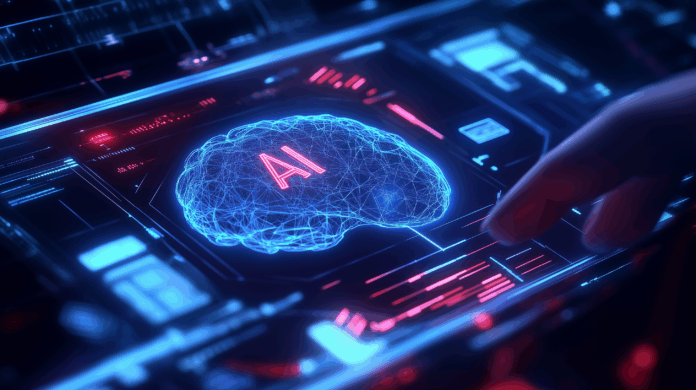 A imagem retrata um ambiente de trabalho moderno e de alta tecnologia, onde um usuário interage com um laptop. Na tela, há elementos gráficos interativos relacionados à inteligência artificial (IA). O foco está em um diagrama de rede neural em forma de cérebro, com o rótulo 