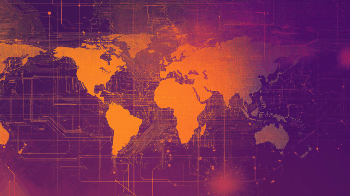 Mapa digital com destaque para os países do BRICS, representando os impactos da inteligência artificial no trabalho em escala global