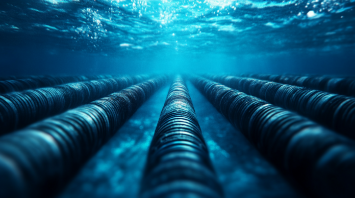 Cabos submarinos sob a água, essenciais para a conectividade global de internet, que são vitais para o tráfego de dados internacional.