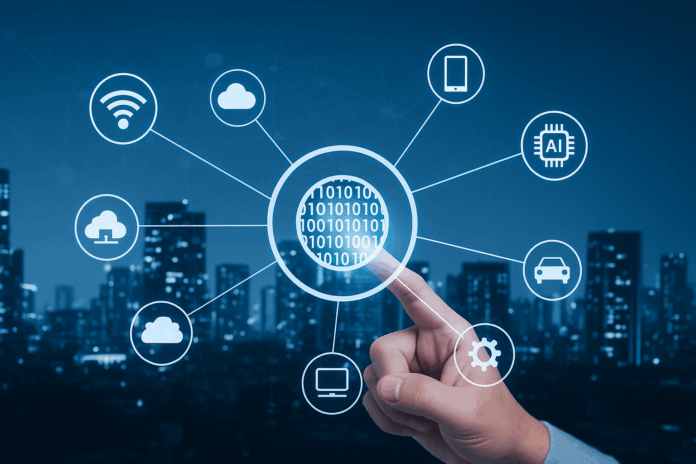 Hiperconectividade representada por rede digital com ícones de nuvem, segurança e dispositivos conectados sobre cidade inteligente iluminada ao fundo.