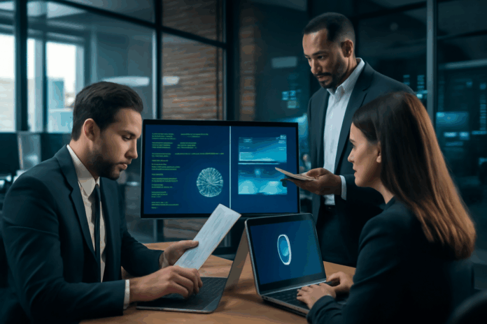 Fraude digital sendo combatida por três profissionais de TI em um escritório moderno, analisando dados em laptops e monitores com gráficos e ícones de biometria.
