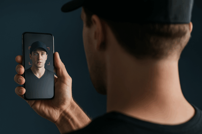 Homem usando smartphone para reconhecimento facial, destacando o risco de imagens falsas.