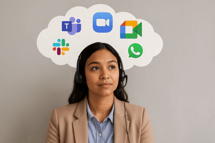 Skype descontinuado em 2025; mulher com headset pensa em alternativas como Microsoft Teams, Google Meet, Zoom, Slack e WhatsApp exibidas em nuvem.