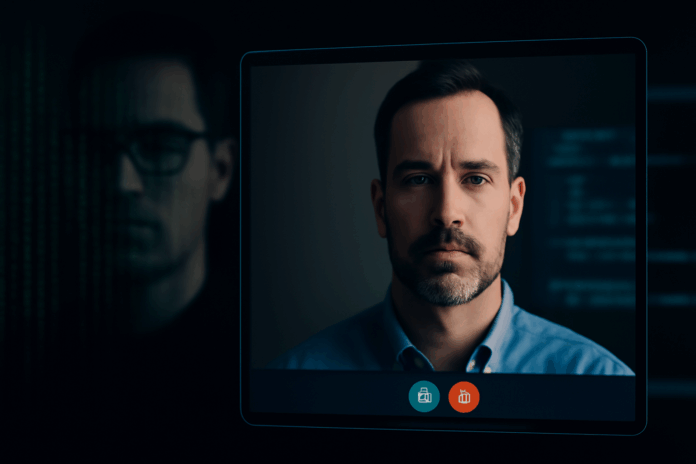 Deepfakes de uma videochamada, com um homem em foco na tela e código binário verde obscurecendo parcialmente o rosto borrado de um possível impostor.