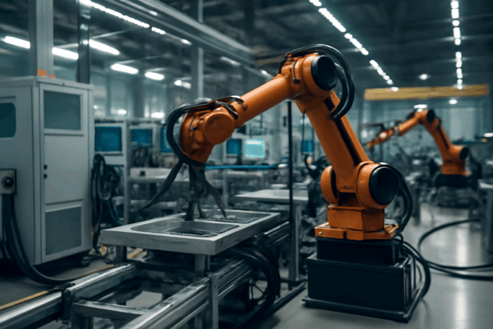 Redes industriais conectando máquinas e sistemas automatizados em uma fábrica moderna, com robôs e sensores em um ambiente de alta tecnologia.