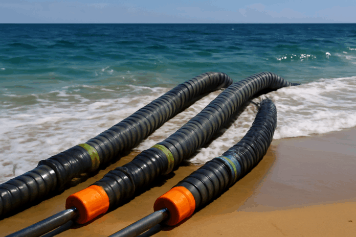 Cabos submarinos de comunicação emergem do mar azul, estendendo-se até a areia dourada da praia, com revestimento laranja e aço blindado, simbolizando a infraestrutura digital.