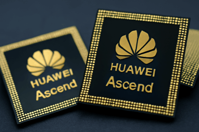 Huawei chips Ascend em close, destacando tecnologia avançada de IA e desafios regulatórios globais.