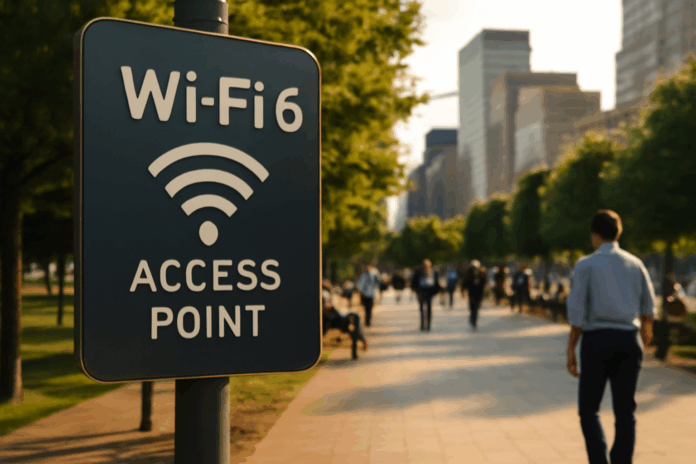 Conectividade por Wi-Fi 6 em ambiente urbano com ponto de acesso e pessoas aproveitando rede local em parque movimentado