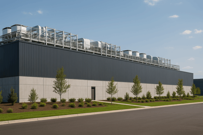 Omnia data center moderno com infraestrutura sustentável, fachada em tons de cinza e sistemas de refrigeração, cercado por paisagismo e céu azul ao fundo.