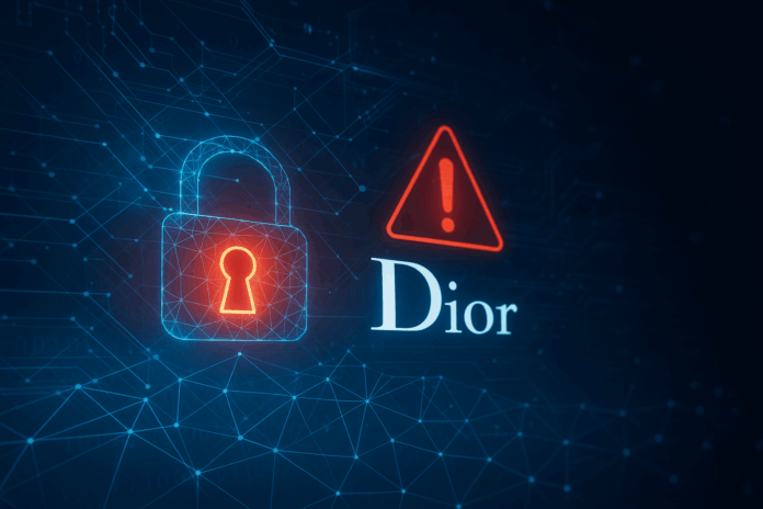 Dior sofre ataque cibernético com exposição de dados pessoais de clientes, representado por cadeado digital e alerta de segurança em fundo tecnológico.