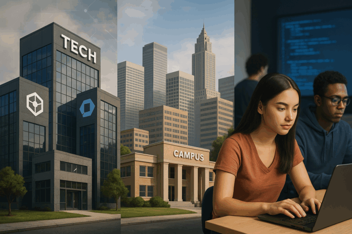 Barueri com prédios de tecnologia, campus educacional e jovens programadores simbolizando inovação, educação e mercado de TI na Grande São Paulo.