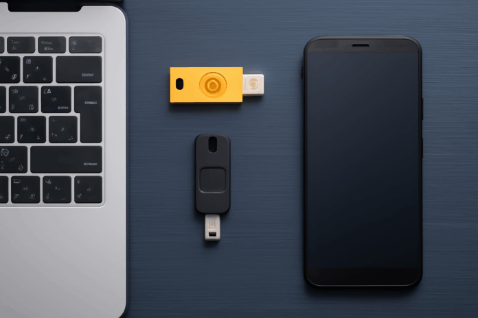 U2F: dispositivos de autenticação física USB e NFC ao lado de laptop e smartphone, ilustrando segurança avançada em ambientes digitais.