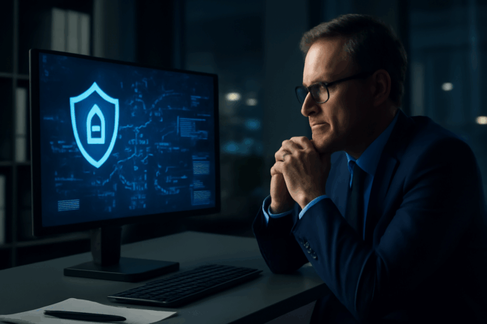 Zero Trust: executivo de TI analisando gráficos de cibersegurança em monitor iluminado, em ambiente corporativo escuro durante a noite.