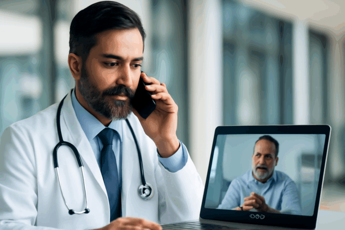 Telefonia em nuvem conectando médico e paciente durante consulta remota por videochamada, com profissional falando ao telefone em ambiente clínico moderno.