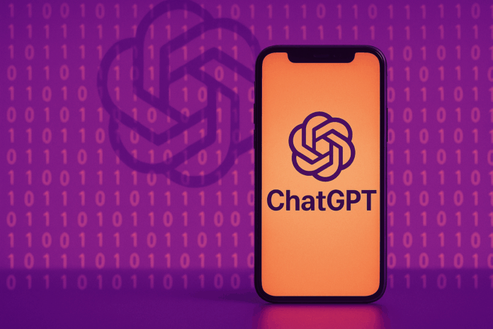 um smartphone em destaque exibe o logotipo da ChatGPT em uma tela laranja vibrante, enquanto ao fundo um cenário digital em tons de roxo com códigos binários representa o ambiente tecnológico e inovador da OpenAI.