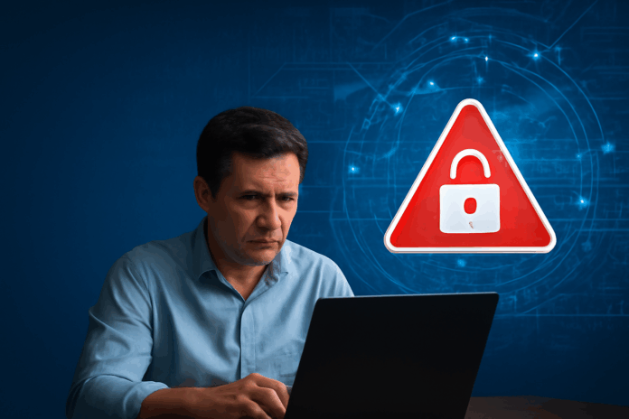 Homem sério usando laptop, com símbolo de aviso vermelho e cadeado ao fundo, representando a importância da cibersegurança para proteger dados das PMEs no Brasil.