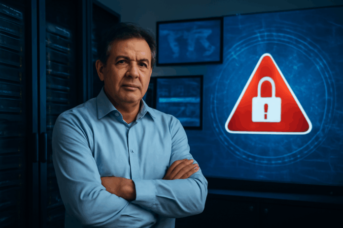 Homem sério em centro de operações de cibersegurança, representando proteção e monitoramento de dados para empresas.