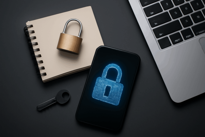 Fotografia digital que mostra um cadeado de metal, um smartphone com um ícone de cadeado digital brilhante na tela, uma chave preta e parte de um teclado de notebook, simbolizando proteção e segurança digital em ambiente tecnológico.
