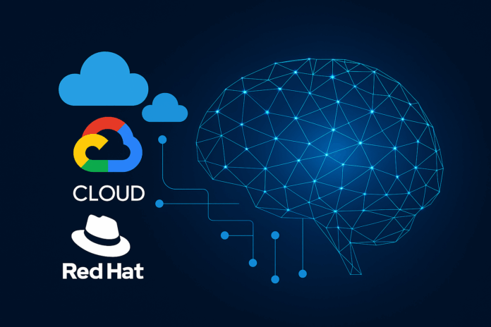 Conceito de inteligência artificial aberta conectando Red Hat e Google Cloud em rede digital com cérebro virtual e infraestrutura em nuvem