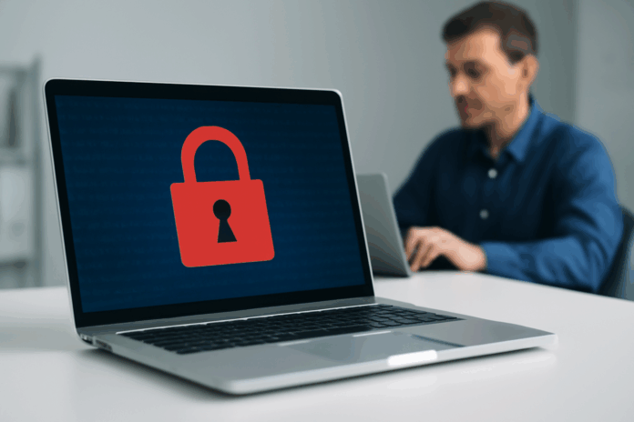 Computador portátil moderno com um cadeado vermelho na tela simbolizando segurança digital, enquanto um profissional trabalha ao fundo, representando a proteção contra vazamentos de informações.