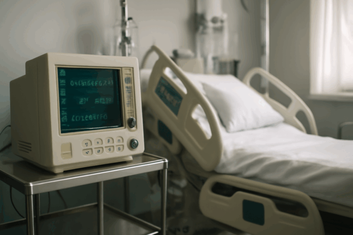Equipamento hospitalar antigo, representando a obsolescência tecnológica em infraestruturas de saúde, com um monitor de sinais vitais ultrapassado ao lado de uma cama hospitalar moderna.