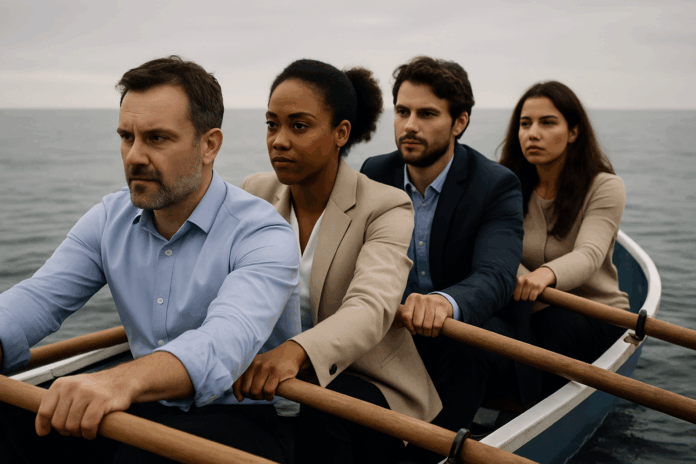 Pessoas diversas, todos no mesmo barco, remando juntas no mesmo barco, simbolizando colaboração e esforço conjunto.