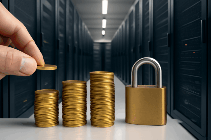 Data center moderno com servidores alinhados ao fundo, enquanto pilhas de moedas douradas e um cadeado de segurança simbolizam investimentos no setor tecnológico.