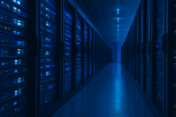 Imagem de um moderno data center, com fileiras de servidores sob luz azul. A cena reflete a infraestrutura digital em crescimento no Brasil, especialmente no contexto da desoneração de data centers, conforme anunciado pelo Ministro da Fazenda, Fernando Haddad.