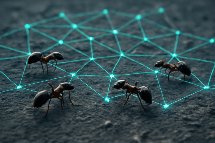 Redes Mesh Inteligentes: A imagem ilustra quatro formigas caminhando sobre uma rede geométrica de linhas azuis e verdes, simbolizando a conectividade distribuída. As formigas, com corpos vermelhos, se movem pela malha luminosa, representando a adaptabilidade e resiliência das redes mesh. A composição destaca a interação dinâmica entre os elementos, refletindo a eficiência e a auto-organização das redes mesh inteligentes, onde cada nó contribui para a comunicação sem pontos centrais de falha.