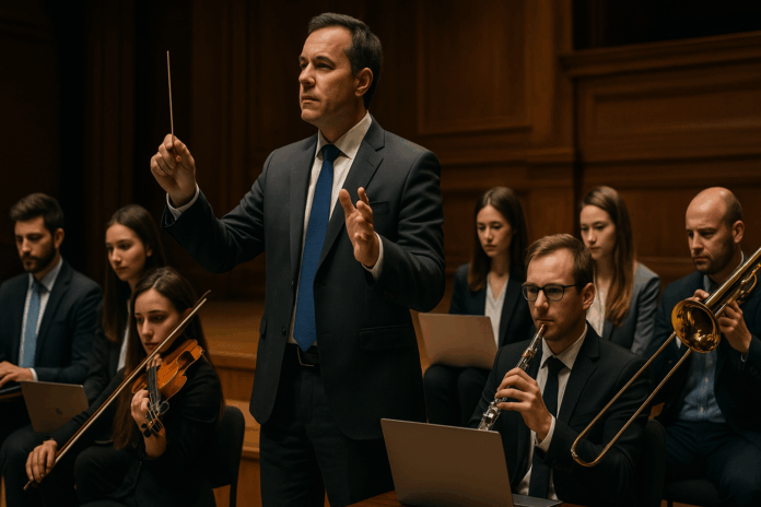 Transformação digital representada por uma orquestra corporativa com profissionais de terno tocando instrumentos e usando laptops, simbolizando integração entre TI, dados e negócios.