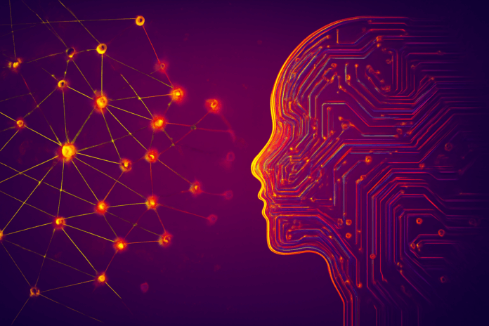Automação de redes com inteligência artificial é o tema central do 9º episódio do Futurecom Connect. A imagem digital mostra uma rede tecnológica conectando nós brilhantes, com um perfil humano no lado direito, feito de linhas de circuito iluminadas.