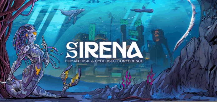 A imagem da Sirena Conference destaca um cenário futurista subaquático, com uma sirena ciborgue como figura central, simbolizando a união entre tecnologia e segurança. A ilustração traz um fundo repleto de elementos que representam o futuro da cibersegurança, incluindo uma cidade submersa e sinais de alerta como “Access Granted” e “Super Phish”, abordando os riscos cibernéticos e humanos de maneira visualmente impactante. O design combina o tema marítimo com uma visão de alta tecnologia, refletindo a proposta do evento: discutir a proteção contra ameaças digitais em um ambiente imersivo e inovador. O texto 