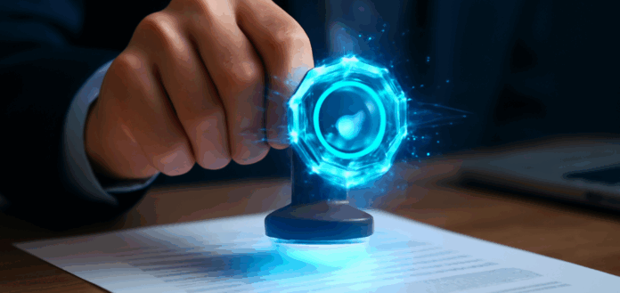 Selo eletrônico digital brilhante sendo aplicado sobre documento oficial por uma mão segurando carimbo tradicional, simbolizando segurança e autenticação digital empresarial.