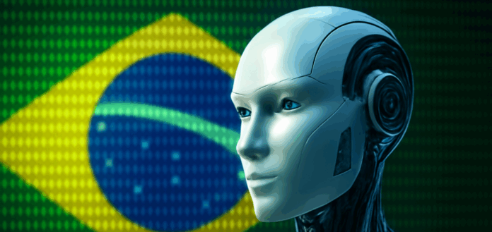 Adoção de ia ilustrada por robô humanoide diante da bandeira digital do Brasil.