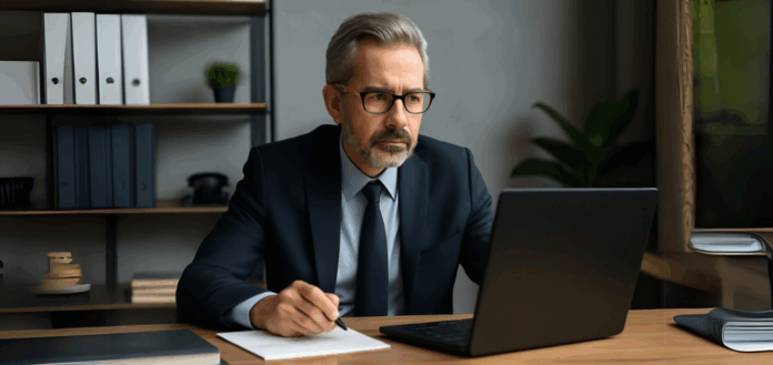 Wi-Fi: executivo de TI concentrado analisando dados no laptop em escritório moderno, preparando estratégia para atualização de rede e infraestrutura multi-gigabit.