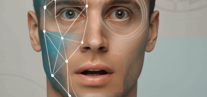 Deepfake é uma ameaça crescente à segurança digital, representada aqui por um jovem com seu rosto dividido entre a realidade e a manipulação digital, ilustrando os perigos das tecnologias de reconhecimento facial e seus impactos na privacidade e confiança online