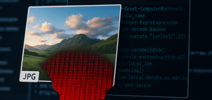 Ransomware oculto em imagem JPG de paisagem sendo exibido em uma tela de computador, com código malicioso emergindo da parte inferior da foto.