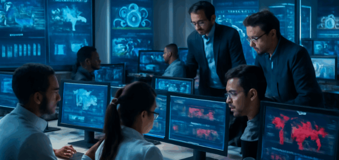 Carreira em TI: profissionais colaborando em ambiente tecnológico com foco em inteligência artificial, segurança cibernética, computação em nuvem e inovação.