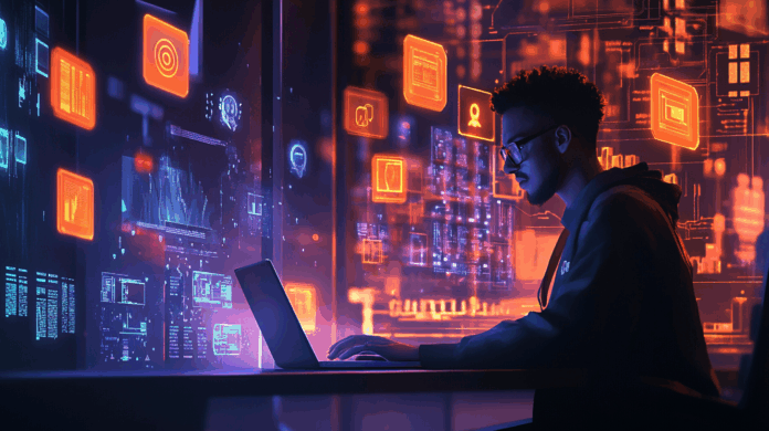 Ciberataques no setor de educação: especialista em cibersegurança trabalhando em um laptop, rodeado por ícones digitais e escudos holográficos iluminados em tons de laranja e roxo, simbolizando a proteção contra ameaças cibernéticas.