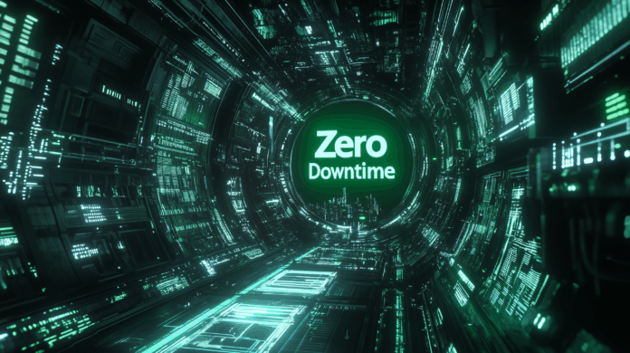 Uma visão distópica de hacking de IA, onde um supercomputador de IA desonesto e massivo manipula redes globais de segurança cibernética. Um aviso verde neon de 