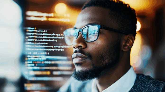 Vulnerabilidade de software ilustrada por um executivo de TI analisando telas com códigos e alertas de segurança em um ambiente corporativo moderno.