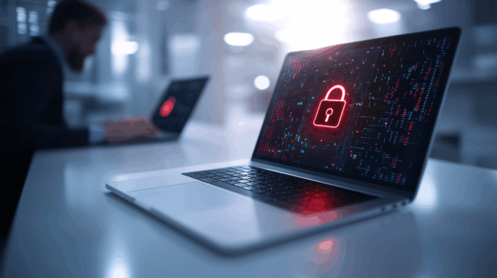 Computador moderno em ambiente corporativo, com tela exibindo um cadeado digital vermelho sobre código binário azul, simbolizando conformidade com regulamentações de privacidade.