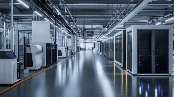 Data centers modernos com racks de alta densidade, resfriamento líquido e ambiente automatizado para suportar aplicações de IA e edge computing.