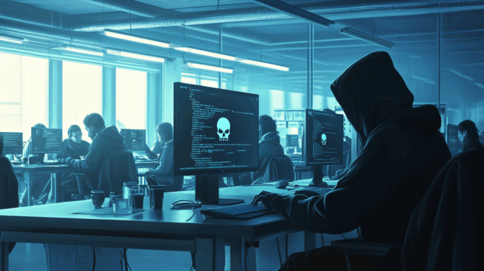 Ataques no setor Educacional: hacker acessa sistema de universidade enquanto estudantes utilizam computadores em sala de aula.