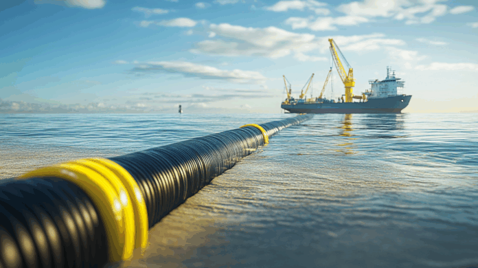 Malbec: cabo submarino amarelo emergindo da praia com navio instalador ao fundo, simbolizando inovação e infraestrutura digital em dia ensolarado.