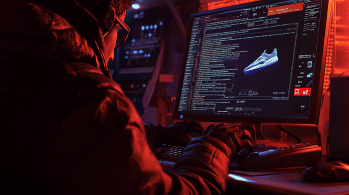 Adidas alvo de ataque cibernético mostrado por hacker focado em tela de computador com dados criptografados em ambiente escuro.