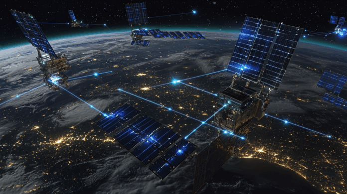 Constelação de satélites com IA interligados por comunicação a laser orbitando a Terra como parte de supercomputador espacial chinês.
