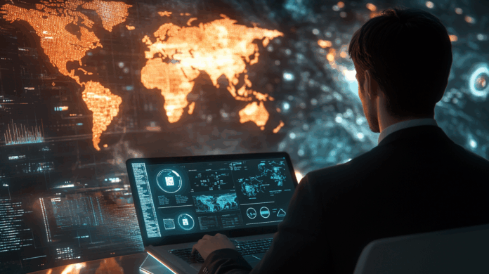 Carreira em TI sendo impulsionada por um profissional em um ambiente de escritório moderno, trabalhando em um laptop com um mapa digital do mundo ao fundo. A tela do computador exibe interfaces tecnológicas e análises de dados, destacando a transformação digital e a importância da tecnologia para o avanço profissional.