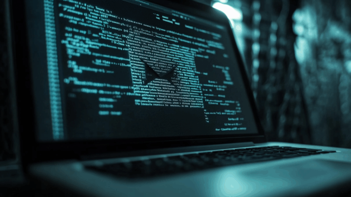 Softwares RMM sendo utilizados em um laptop, com código binário verde em destaque na tela, sugerindo uma operação de acesso remoto ou ataque cibernético.