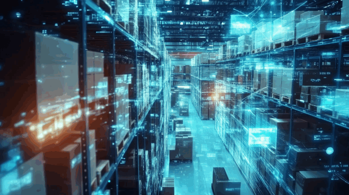 Armazém holográfico com caixas e paletes de mercadorias em prateleiras, sobreposição de tecnologia digital mostrando visualização de dados de vendas de produtos ou rede logística global. (Cadeia de suprimentos)
